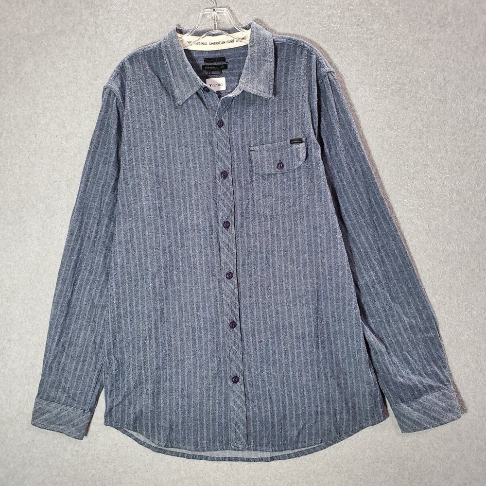 Oneill Men Button Up Shirt Large Gray Striped Flannel American Surf Classic Fit